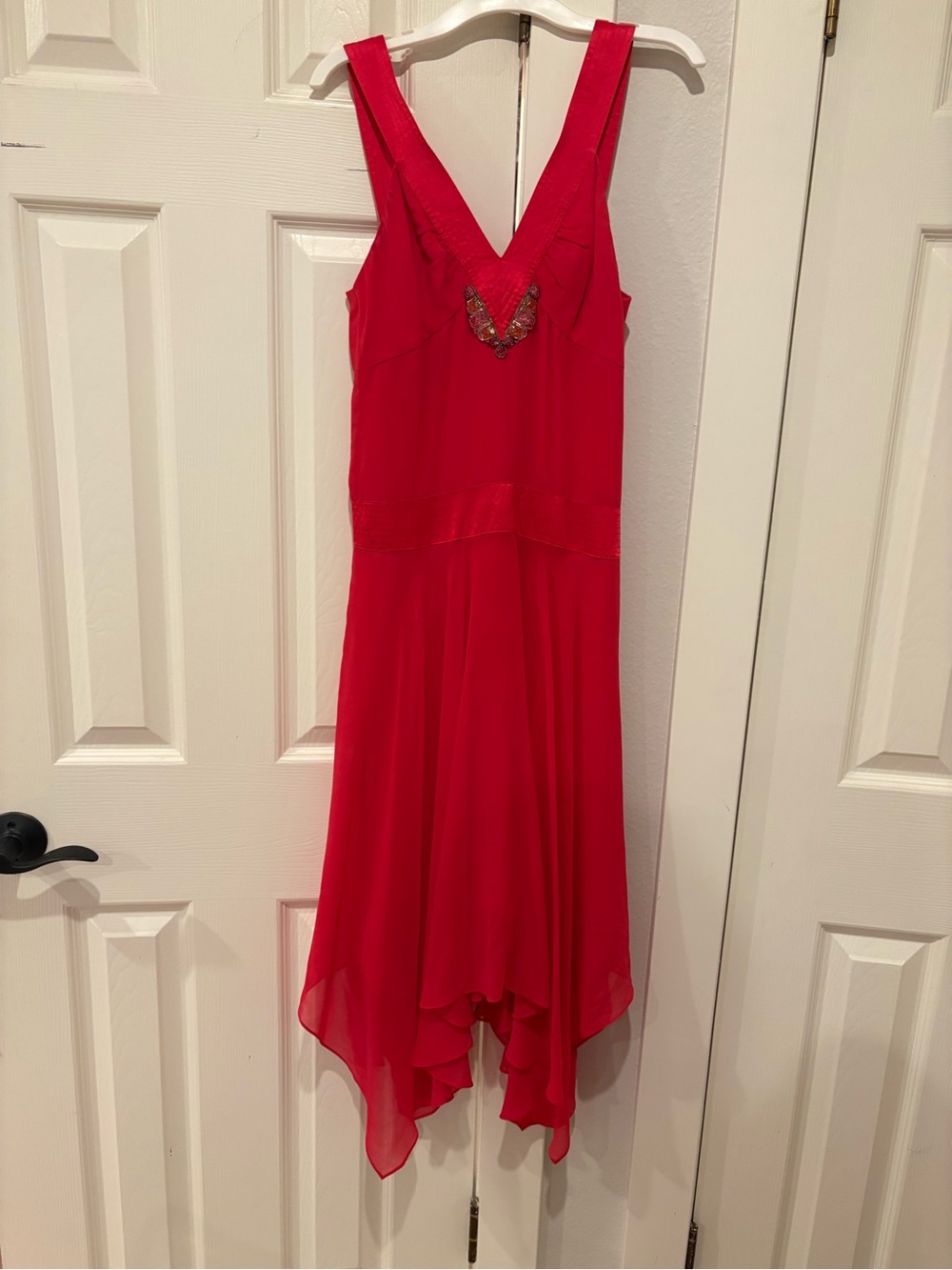 BCBGMaxAzria Red V-Neck Handkerchief Hem Dress